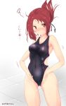  1girl adjusting_clothes adjusting_swimsuit artist_name black_swimsuit blush breasts collarbone commentary_request competition_swimsuit covered_navel cowboy_shot frown hair_tie highres kemurikusa long_hair looking_at_viewer one-piece_swimsuit ponytail red_eyes redhead rin_(kemurikusa) small_breasts solo squiggle standing swimsuit toyono_kitsune white_background 