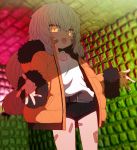  1girl bandaid bandaid_on_face bandaid_on_leg belt fang fur_trim highres jacket long_hair looking_at_viewer orange_eyes original short_shorts shorts solo sumiyao_(amam) tank_top tongue tongue_out white_hair 