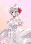  1girl absurdres anastasia_(idolmaster) blue_eyes collarbone dress flower hair_between_eyes hair_flower hair_ornament halterneck haruno_(haruno_na) highres idolmaster idolmaster_cinderella_girls looking_at_viewer pink_background red_flower ribbon short_hair silver_hair skirt_hold smile solo standing white_dress white_ribbon 