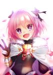  1boy :d akaashigame astolfo_(fate) bangs black_bow bow cape commentary_request dot_nose eyebrows_visible_through_hair fang fate/grand_order fate_(series) fur_collar gauntlets hair_between_eyes hair_bow hair_intakes highres leaf long_hair looking_at_viewer male_focus open_mouth pink_hair simple_background smile solo trap upper_body violet_eyes white_background 