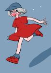  1girl absurdres bare_legs baseball_cap blue_background blue_eyes blue_headwear blush crying crying_with_eyes_open dress grey_hair hat highres inata17ta open_mouth original red_dress red_footwear running shadow shoes short_hair short_sleeves simple_background solo tears 