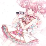  1girl :d back_bow bang_dream! bangs blue_flower bow dress earrings floral_background flower flower_earrings gloves green_flower hair_flower hair_ornament hair_ribbon holding holding_microphone jewelry long_hair looking_at_viewer maruyama_aya microphone neck_ribbon nennen open_mouth overskirt pink_eyes pink_flower pink_hair pink_neckwear pocket purple_flower ribbon see-through_sleeves short_sleeves sidelocks smile solo striped striped_neckwear twintails vest white_gloves white_ribbon yellow_flower 
