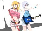  2girls ayanami_rei belt blonde_hair blue_eyes blue_shirt blue_shorts breasts choker cleavage cowboy_shot earrings eyebrows_visible_through_hair grey_shorts hair_between_eyes hair_ornament highres holding holding_instrument holding_microphone instrument jewelry konbari_tariumu long_hair looking_at_viewer microphone midriff multiple_girls navel necklace neon_genesis_evangelion off-shoulder_shirt off_shoulder outstretched_arm pink_shirt red_eyes shirt short_hair short_shorts shorts side_ponytail sideboob silver_hair sleeveless sleeveless_shirt small_breasts smile souryuu_asuka_langley standing stomach thigh_gap white_background wristband 