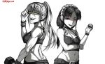  2girls back-to-back belt biceps black_hole black_hole-sensei borrowed_design breasts choker collarbone commentary danielle_brindle dumbbell ear_piercing english_commentary fangs greyscale groin hair_ornament hairclip half-closed_eyes highres lipstick long_hair looking_at_viewer low_twintails m87_black_hole maid_headdress makeup medium_breasts midriff mole mole_under_eye monochrome multiple_girls navel original personification piercing ponytail raised_eyebrow red_eyes shaded_face skull small_breasts sports_bra spot_color standing studded_belt studded_bracelet sweat toned twintails white_background yellow_eyes 