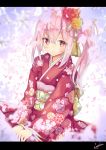  1girl alternate_costume bangs cherry_blossoms commentary_request eyebrows_visible_through_hair floral_print flower hair_between_eyes hair_flower hair_ornament harusame_(kantai_collection) highres japanese_clothes kantai_collection kimono lajhen2651 letterboxed long_sleeves looking_at_viewer obi pink_eyes pink_hair sash side_ponytail sidelocks signature sitting smile solo wariza wide_sleeves 
