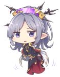  1girl :d commentary_request eyebrows_visible_through_hair floating full_body granblue_fantasy grey_hair hair_ornament hair_stick harvin jitome long_hair looking_at_viewer nio_(granblue_fantasy) nogisaka_kushio open_mouth pointy_ears robe simple_background smile solo violet_eyes white_background wide_sleeves 