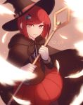  1girl :3 artist_name black_cape black_headwear blazer bob_cut cape commentary_request dangan_ronpa dated eyebrows_visible_through_hair feathers hair_ornament hairclip hat highres holding holding_staff hood jacket looking_at_viewer new_dangan_ronpa_v3 pleated_skirt red_eyes redhead school_uniform short_hair skirt smile staff tokilos white_feathers witch_hat yumeno_himiko 