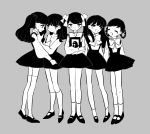  5girls absurdres bangs black_footwear black_hair bow check_copyright closed_eyes full_body grey_background greyscale highres inata17ta long_hair long_sleeves looking_at_viewer monochrome multiple_girls open_mouth original picture_(object) shirt shoes simple_background smile socks standing thigh-highs twintails white_bow white_legwear white_neckwear white_shirt yuri 