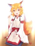  1girl :d animal_ear_fluff animal_ears bangs blonde_hair blush bow brown_eyes commentary_request cushion eyebrows_visible_through_hair flower fox_ears fox_girl fox_tail grey_apron hair_between_eyes hair_flower hair_ornament hakama haribote_(tarao) japanese_clothes kimono lap_pillow_invitation long_hair long_sleeves mimikaki open_mouth red_bow red_flower red_hakama ribbon-trimmed_sleeves ribbon_trim seiza senko_(sewayaki_kitsune_no_senko-san) sewayaki_kitsune_no_senko-san sitting smile solo tail white_background white_kimono wide_sleeves wooden_floor zabuton 