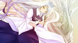  1girl absurdres angel_wings blue_dress blue_hair dress feathered_wings highres jewelry long_hair long_sleeves looking_at_viewer microphone multiple_wings necklace nyago out_of_frame red_eyes sariel seraph shirt silver_hair smile solo touhou touhou_(pc-98) undershirt very_long_hair white_hair white_shirt white_wings wings 