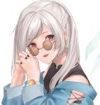  1girl alternate_hairstyle female_my_unit_(fire_emblem:_kakusei) fire_emblem fire_emblem:_kakusei gimurei long_sleeves my_unit_(fire_emblem:_kakusei) nail_polish nintendo open_mouth own_hands_together red_eyes simple_background snk_anm solo sunglasses upper_body watch watch white_background white_hair 