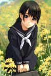  1girl absurdres bangs black_hair black_sailor_collar black_serafuku black_shirt black_skirt blurry blurry_background blush closed_mouth day depth_of_field eyebrows_visible_through_hair field flower flower_field hair_between_eyes hands_together head_tilt highres holding leaning_forward long_sleeves looking_at_viewer low_ponytail matsunaga_kouyou neckerchief nose_blush original outdoors own_hands_together pleated_skirt ponytail rapeseed_blossoms sailor_collar school_briefcase school_uniform serafuku shirt skirt smile solo v_arms white_neckwear yellow_flower 