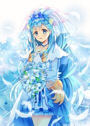  1girl absurdly_long_hair bangs blue_bow blue_eyes blue_flower blue_hair blue_skirt blush bouquet bow cowboy_shot cure_ange flower hair_bow highres holding holding_bouquet hugtto!_precure layered_skirt lazy_orange long_hair looking_at_viewer miniskirt open_mouth pleated_skirt precure see-through skirt solo standing veil very_long_hair white_flower yakushiji_saaya 