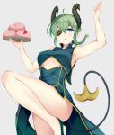  1girl ahoge alternate_costume arm_up armpits bare_arms bare_legs bare_shoulders braid breasts chestnut_mouth china_dress chinese_clothes commentary_request cowboy_shot demon_girl demon_horns demon_tail dress eyepatch flats floating_hair green_dress green_eyes green_footwear green_hair grey_background hand_up highres holding holding_tray honey_strap horns irohasu knee_up long_hair looking_at_viewer medium_breasts parted_lips pelvic_curtain pointy_ears sekishiro_mico sidelocks simple_background single_braid sleeveless sleeveless_dress solo standing standing_on_one_leg tail thighs tray under_boob underboob_cutout virtual_youtuber 