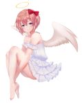  1girl angel_wings bangs bare_legs blue_eyes blush bow closed_mouth commentary commission doki_doki_literature_club dress english_commentary frilled_dress frills full_body hair_between_eyes hair_bow halo knees_up leg_hug looking_at_viewer neck_scar off-shoulder_dress off_shoulder pink_hair red_bow sayori_(doki_doki_literature_club) short_dress short_hair simple_background sleeveless sleeveless_dress smile solo tears temachii tied_hair white_background white_dress wings 