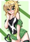  1girl akatsuki_kirika bare_shoulders black_shirt blonde_hair blush breasts cleavage collarbone green_eyes green_shorts hair_between_eyes hair_ornament highres hood hoodie looking_at_viewer medium_breasts off_shoulder senki_zesshou_symphogear seshiro_(which501) shiny shiny_hair shiny_skin shirt short_hair shorts solo standing tail tank_top thigh-highs x_hair_ornament 