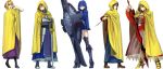  5girls aestus_estus arcueid_brunestud armor artoria_pendragon_(all) black_hair blonde_hair cloak excalibur fate/extra fate/grand_order fate/stay_night fate_(series) highres hood hooded_cloak kara_no_kyoukai knife long_skirt mash_kyrielight multiple_girls nero_claudius_(fate) nero_claudius_(fate)_(all) purple_hair raincoat reverse_grip ryougi_shiki saber shield skirt sword tsukihime weapon white_background zonotaida 