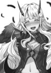  1girl :d arms_behind_back bangs blurry blurry_background blush breasts cleavage cleavage_cutout closed_eyes eve_(kaifuku_jutsushi_no_yarinaoshi) eyebrows_visible_through_hair feathered_wings feathers floating_hair greyscale hair_between_eyes head_tilt highres horns kaifuku_jutsushi_no_yarinaoshi_~sokushi_mahou_to_skill_copy_no_chouetsu_heal~ long_hair medium_breasts midriff monochrome navel novel_illustration official_art open_mouth pointy_ears shiokonbu simple_background smile solo standing stomach upper_body very_long_hair white_background wings 