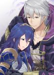  1boy 1girl a_meno0 armor black_gloves black_sweater blue_armor blue_eyes blue_hair closed_mouth collarbone commentary_request fire_emblem fire_emblem:_kakusei fire_emblem_heroes fire_emblem_musou gimurei gloves hair_between_eyes hair_ornament hood hooded_robe hug intelligent_systems long_hair love lucina male_my_unit_(fire_emblem:_kakusei) my_unit_(fire_emblem:_kakusei) nintendo open_clothes parted_lips red_eyes reflet ribbed_sweater robe shirt short_hair simple_background super_smash_bros. sweater tiara white_hair white_shirt 