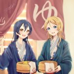  2girls :d artist_name ayase_eli bangs bath_yukata blonde_hair blue_eyes blue_hair blush brown_eyes bucket commentary_request hair_between_eyes hanten_(clothes) holding japanese_clothes kimono long_hair love_live! love_live!_school_idol_project multiple_girls onsen open_mouth rubber_duck signature smile sonoda_umi suito towel wooden_bucket yellow_eyes yukata 