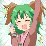  1girl :d ^_^ animal_ears aqua_background arm_up bangs blush brown_dress cato_(monocatienus) closed_eyes closed_eyes commentary_request dress emphasis_lines facing_viewer fang green_hair hand_up holding holding_microphone kasodani_kyouko long_sleeves microphone open_mouth smile solo touhou upper_body 