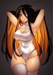  1girl armpits arms_behind_head arms_up black_hair black_hole black_sclera breasts cleavage cleavage_cutout commentary cowboy_shot curvy english_commentary erect_nipples grey_background highres iwbitu-sa large_breasts long_hair looking_at_viewer m87_black_hole multicolored_hair orange_eyes orange_hair original parted_lips personification solo teeth thick_thighs thigh-highs thighs white_hair wide_hips 