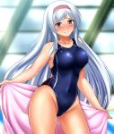  1girl blue_swimsuit blush breasts collarbone commentary_request competition_swimsuit covered_navel cowboy_shot hairband highleg highleg_swimsuit holding holding_towel kantai_collection large_breasts long_hair looking_at_viewer nose_blush one-piece_swimsuit shoukaku_(kantai_collection) silver_hair smile solo swimsuit towel wet yellow_eyes zanntetu 