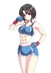  1girl abs bike_shorts black_hair eyebrows_visible_through_hair fingerless_gloves gloves kantai_collection looking_at_viewer midriff muscle muscular_female navel red_eyes rigid rigidsteed short_hair shorts simple_background sports_bra takao_(kantai_collection) thighs toned white_background 