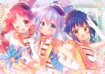  3girls :d ;d absurdres band_uniform blue_bow blue_eyes blue_hair blue_ribbon blush bow chimame-tai drill_hair elbow_gloves epaulettes gloves gochuumon_wa_usagi_desu_ka? hat highres holding holding_whistle jouga_maya kafuu_chino locked_arms long_hair looking_at_viewer mitsumomo_mamu multiple_girls natsu_megumi one_eye_closed open_mouth red_eyes redhead ribbon salute scan shako_cap smile twintails whistle white_gloves yellow_eyes 