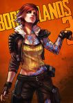  1girl absurdres arm_tattoo black_gloves borderlands borderlands_3 breasts cleavage clenched_hand commentary copyright_name english_commentary fingerless_gloves fist_bump gloves highres lilith_(borderlands) lipstick makeup medium_breasts mole monori_rogue multicolored_hair orange_background pants redhead short_hair shoulder_armor siren_(borderlands) solo streaked_hair tattoo thigh_pouch two-tone_hair white_hair yellow_eyes 