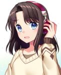  1girl bang_dream! bangs black_hair blue_eyes blush brown_sweater collarbone commentary_request eyebrows_visible_through_hair gradient gradient_background hair_ornament hairclip hand_up headphones jenevan long_sleeves looking_at_viewer medium_hair okusawa_misaki open_mouth sidelocks solo sweater tareme upper_body v-neck white_background 