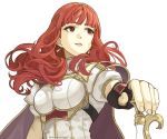  1girl breastplate cape celica_(fire_emblem) earrings fingerless_gloves fire_emblem fire_emblem_echoes:_mou_hitori_no_eiyuuou fire_emblem_gaiden gloves hairband highres intelligent_systems jewelry long_hair nenekantoku nintendo parted_lips red_eyes redhead short_sleeves simple_background solo twitter_username upper_body white_background 