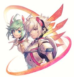  1boy 1girl acura_(gunvolt) ahoge armor azure_striker_gunvolt azure_striker_gunvolt_2 energy_wings green_eyes grey_hair hashibi_rokou headgear pink_eyes power_armor roro_(gunvolt) short_hair simple_background upper_body white_armor white_background 