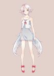  1girl arms_at_sides breasts brown_eyes dress full_body grey_dress hair_ornament hairclip highres horn looking_at_viewer original pointy_ears red_footwear seelean short_hair simple_background small_breasts standing white_hair white_wings wings 