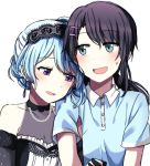  2girls aqua_hair bang_dream! bare_shoulders black_hair blue_eyes blush earrings hair_ornament highres jewelry kuzwell long_hair looking_to_the_side matsubara_kanon multiple_girls okusawa_misaki open_mouth short_twintails smile twintails violet_eyes white_background 