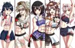  5girls abs adapted_costume ahoge armpits bike_shorts black_hair black_ribbon blonde_hair blue_hair brown_eyes brown_hair double_bun eyebrows_visible_through_hair finger_licking fingerless_gloves flying_sweatdrops forehead_protector gloves haguro_(kantai_collection) hair_flaps hair_ornament hairband headgear houshou_(kantai_collection) jintsuu_(kantai_collection) kantai_collection kongou_(kantai_collection) licking long_hair looking_at_viewer midriff mma_gloves multiple_girls muscle muscular_female navel ponytail remodel_(kantai_collection) ribbon rigid rigidsteed shaded_face short_hair shorts simple_background sports_bra yuudachi_(kantai_collection) 