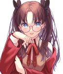  1girl :p absurdres black_ribbon blue_eyes brown_hair commentary_request eyebrows_visible_through_hair fate/stay_night fate_(series) glasses hair_ribbon highres long_hair looking_at_viewer lq_saku red_ribbon ribbon school_uniform simple_background solo tohsaka_rin tongue tongue_out two_side_up upper_body white_background 