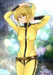  1girl arm_up blonde_hair bodysuit breasts brown_eyes cowboy_shot hair_between_eyes long_hair mori_yuki signature small_breasts solo standing thigh_gap tying_hair uchuu_senkan_yamato uchuu_senkan_yamato_2199 yellow_bodysuit yokon2199 