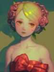  1girl artist_name bellhenge bow dress eyeshadow flower gradient_hair green_background green_eyes green_hair green_lipstick hair_flower hair_ornament leaf lipstick makeup multicolored_hair original red_bow red_dress red_flower shadow solo strapless strapless_dress upper_body 