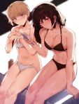  2girls absurdres arm_at_side bangs bare_arms bare_legs bare_shoulders bikini black_bikini black_hair blue_eyes blush breasts cellphone cleavage closed_mouth collarbone earrings eyebrows_visible_through_hair feet_out_of_frame glint groin hands_together highres holding holding_phone hplay jewelry large_breasts long_hair looking_at_viewer lotion mole mole_on_breast multiple_girls navel original phone red_eyes shiny shiny_skin short_hair sidelocks sitting smartphone smile stomach swimsuit thighs white_bikini 