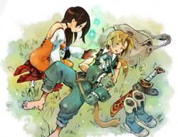  1boy 1girl bag black_hair blonde_hair blush bodysuit boots breasts choker commentary_request earrings final_fantasy final_fantasy_ix garnet_til_alexandros_xvii gloves graphite_(medium) highres jewelry knife mare_(pixiv) orange_bodysuit smile tail traditional_media zidane_tribal 