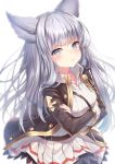  1girl animal_ears bangs belt blue_eyes blush breasts cleavage collarbone collared_dress crossed_arms dress erune eyebrows_visible_through_hair granblue_fantasy hair_ornament jacket korwa large_breasts light_particles long_hair looking_at_viewer open_clothes open_jacket pout sidelocks silver_hair simple_background solo strap topia 