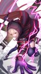  1girl artoria_pendragon_(all) black_gloves black_legwear blonde_hair cloak double-blade electricity energy_sword fate/grand_order fate_(series) gloves highres hood hooded_cloak lightsaber mysterious_heroine_x_(alter) nekoneko_jun2_123 sword thigh-highs weapon yellow_eyes 