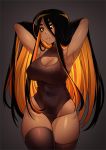  1girl armpits arms_behind_head arms_up black_hair black_hole black_legwear black_sclera breasts cleavage cleavage_cutout commentary cowboy_shot curvy dark_skin english_commentary erect_nipples grey_background highres iwbitu-sa large_breasts long_hair looking_at_viewer m87_black_hole multicolored_hair orange_eyes orange_hair original parted_lips personification solo teeth thick_thighs thigh-highs thighs wide_hips 