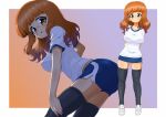  1girl :o absurdres adjusting_clothes adjusting_legwear arms_behind_back bangs black_legwear blue_shorts blunt_bangs blush breasts closed_mouth commentary_request daxz240r eyebrows_visible_through_hair girls_und_panzer gradient gradient_background gym_shorts highres leaning_forward leaning_to_the_side light_frown loafers long_hair looking_at_viewer medium_breasts multiple_views open_mouth orange_eyes orange_hair outside_border shirt shoes short_shorts short_sleeves shorts single_vertical_stripe skindentation smile standing t-shirt takebe_saori thigh-highs thighs white_footwear white_shirt 