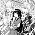  &gt;:( 1girl 2boys black_hair bow carrying chestnut_mouth copyright_request cover cover_page dotted_background dress flower hand_up hetero long_sleeves looking_at_viewer monochrome multiple_boys nina_(pastime) novel_cover novel_illustration official_art princess_carry sparkle white_hair white_legwear 