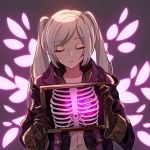  1girl black_gloves bone closed_eyes closed_mouth commentary_request eyebrows_visible_through_hair female_my_unit_(fire_emblem:_kakusei) fire_emblem fire_emblem:_kakusei fire_emblem_heroes gimurei gloves hair_between_eyes heart holding hood hood_down hooded_robe long_hair my_unit_(fire_emblem:_kakusei) nintendo open_clothes pikapika_hoppe ribs robe solo twintails white_hair x-ray 