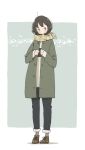  1girl bangs black_hair black_pants blush brown_footwear east_sha2 full_body highres jacket leaf long_sleeves no_nose original pants scarf shadow shoes short_hair socks solo standing sweater winter_clothes 