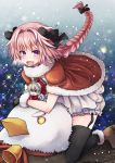  2boys :d astolfo_(fate) bell bird black_bow black_gloves black_legwear blush bow braid brown_footwear commentary_request dot_nose eyebrows_visible_through_hair fate/apocrypha fate_(series) fur_collar gloves hair_bow hair_intakes highres kakan_(amka) kneeling long_braid long_hair male_focus multicolored_hair multiple_boys open_mouth pink_hair santa_costume shoes sieg_(fate/apocrypha) single_braid skin_fang smile streaked_hair sweatdrop trap violet_eyes yellow_eyes 