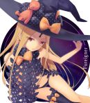  1girl abigail_williams_(fate/grand_order) bangs bare_arms bare_shoulders black_bow black_headwear black_legwear black_panties blonde_hair bow commentary_request eyebrows_visible_through_hair eyes_visible_through_hair fate/grand_order fate_(series) from_above hair_bow hat hat_bow highres keyhole long_hair looking_at_viewer navel oniku_(pixiv_28205308) orange_bow panties parted_bangs polka_dot polka_dot_bow red_eyes single_thighhigh solo stuffed_animal stuffed_toy teddy_bear thigh-highs underwear very_long_hair witch_hat 